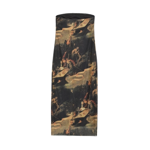Vestido de Tubo con Estampado de Pintura al Óleo Renacentista Vintage para Mujer Sexy Ajustado de Malla Midi Sin Mangas