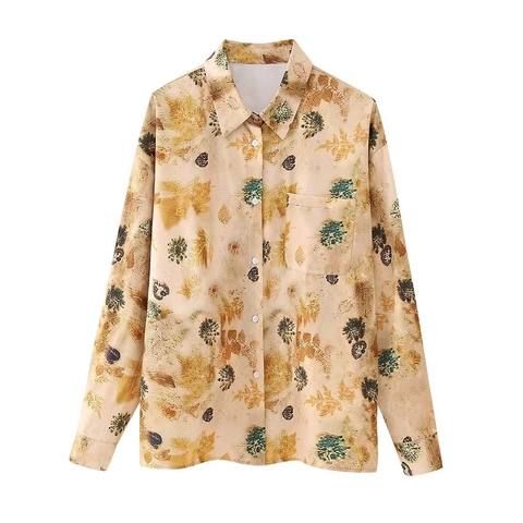 Women's Vintage Botanical Leaf Print Two Piece Set Long Sleeve Lapel Shirt And Wide Leg Pants Casual Retro Summer Outfit