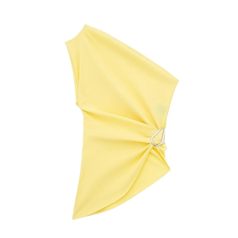Women's Yellow One Shoulder Asymmetric Top Pleated Sleeveless Bandeau With Metal Buckle Sexy Streetwear Fashion Top