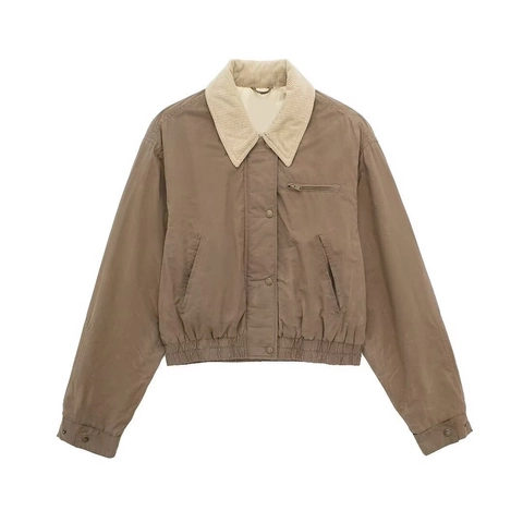 Chaqueta Bomber Retro Mujer Ropa Trabajo Patchwork Cuello Pana Chaqueta Corta Casual Botón Metal Bolsillo Holgada Marrón