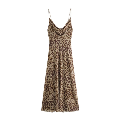 Sexy Women Leopard Print Cami Dress Cowl Neck Spaghetti Strap Backless Bodycon Midi Summer Party Dress