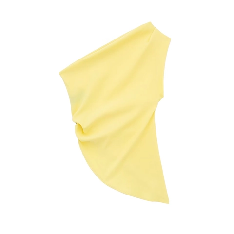 Women's Yellow One Shoulder Asymmetric Top Pleated Sleeveless Bandeau With Metal Buckle Sexy Streetwear Fashion Top
