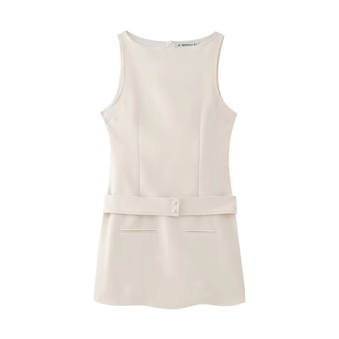 Vestido Mini Sin Mangas Con Cinturón Para Mujer Elegante Cuello Redondo Color Sólido Albaricoque Vestido Ajustado Casual
