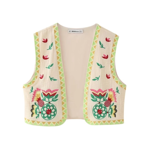 Women Vintage Ethnic Embroidery Vest Sleeveless Cardigan Waistcoat Floral Boho Contrast Piping Open Front Jacket Short Top