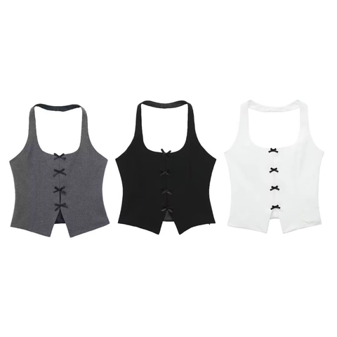 Dames Chic Halternek Strik Vest Top Vierkante Hals Mouwloos Streetwear Zomer Rugloos Gespleten Zoom Retro Mode Tanktop