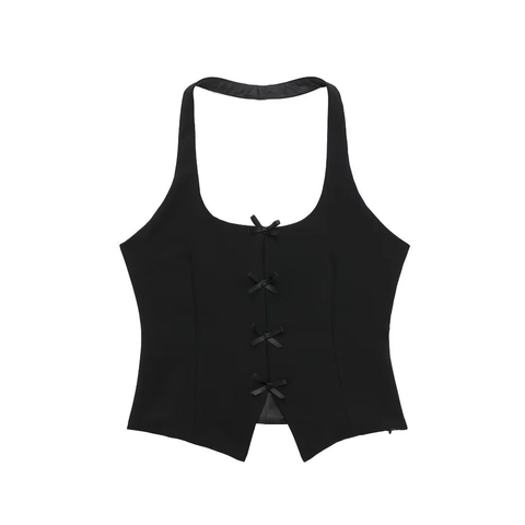 Dames Chic Halternek Strik Vest Top Vierkante Hals Mouwloos Streetwear Zomer Rugloos Gespleten Zoom Retro Mode Tanktop