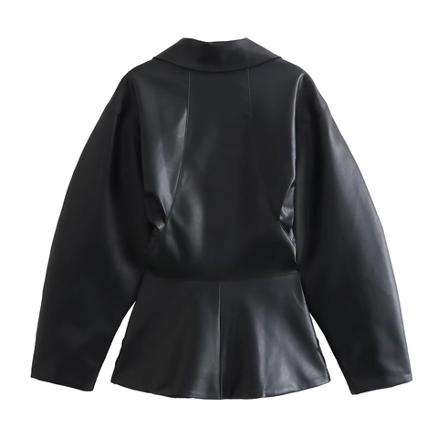 Women Faux Leather Jacket Western Style Lapel Long Sleeve Belted Outerwear Streetwear Casual Fashion Black Coat