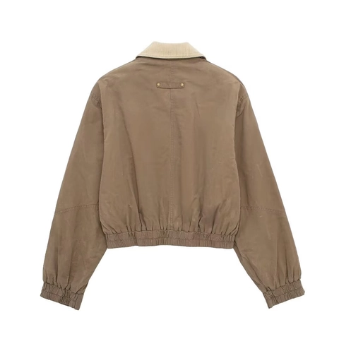 Chaqueta Bomber Retro Mujer Ropa Trabajo Patchwork Cuello Pana Chaqueta Corta Casual Botón Metal Bolsillo Holgada Marrón