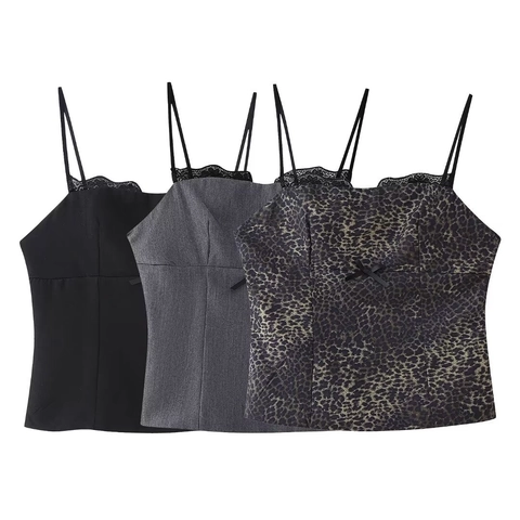 Women Fashion Satin Texture Leopard Print Cami Top With Black Lace Trim Bow Decorative Sexy V-Neck Sleeveless Summer Tank Top