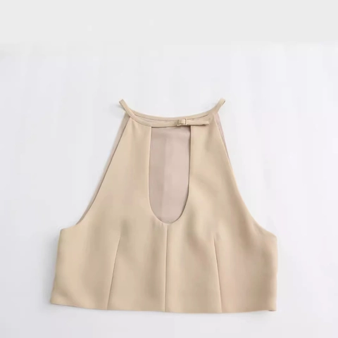 Women Halter Neck Hollow Out Sleeveless Top Sexy U-Neck Slim Fit Solid Color Apricot Summer Streetwear Tank Top With Metal Buckle