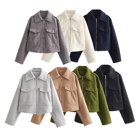 Women Casual Short Jacket Coat Textured Polyester Fabric Zipper Up Lapel Long Sleeve Flap Pockets Solid Color Outerwear