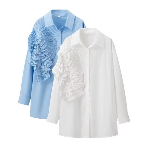 Women Elegant 3D Pleated Flower Long Sleeve Shirt Lapel Single Breasted Blouse Chic Street Style Top White Blue