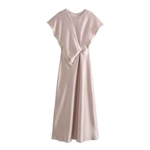 Vestido Midi Plisado de Satén Elegante para Mujer Cuello Redondo Manga Corta Nudo Retorcido Cintura Verano Color Sólido