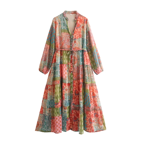 Böhmisches Paisley-Patchwork-Maxikleid Für Damen V-Ausschnitt Langarm Stufenrock Mit Goldfaden Kordelzug Taille