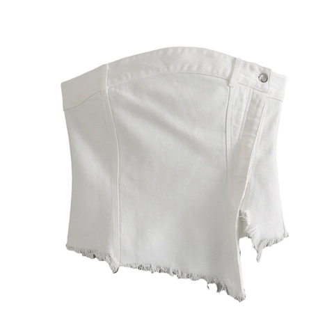 Sexy Witte Denim Stijl Tube Top Vrouwen Asymmetrische Knoopsluiting Gerafelde Zoom Slanke Pasvorm Strapless Crop Top Zomer Streetwear