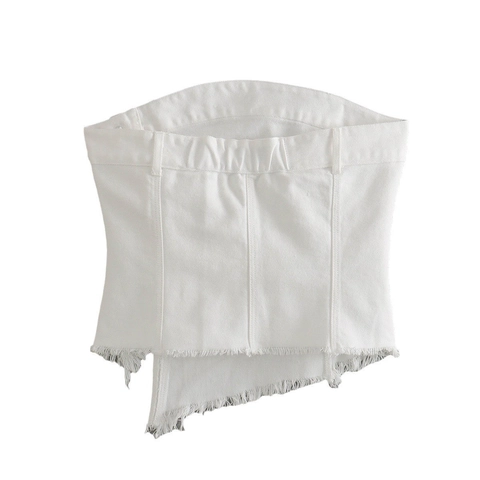 Sexy Witte Denim Stijl Tube Top Vrouwen Asymmetrische Knoopsluiting Gerafelde Zoom Slanke Pasvorm Strapless Crop Top Zomer Streetwear