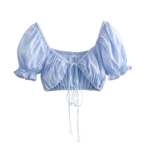 Women Puff Sleeve Tie Front Crop Top Solid Color Square Neck Sexy Short Sleeve Blouse Streetwear Casual Summer Fashion Top