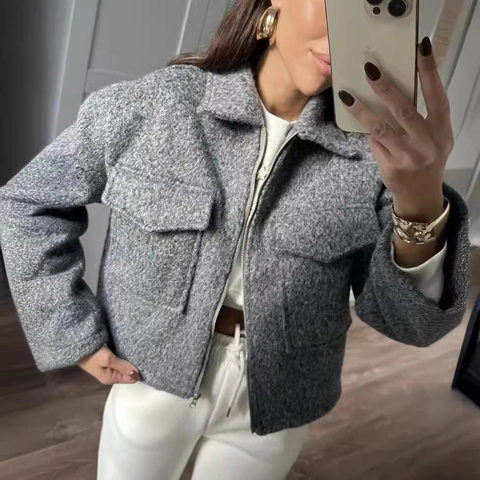 Women Casual Short Jacket Coat Textured Polyester Fabric Zipper Up Lapel Long Sleeve Flap Pockets Solid Color Outerwear