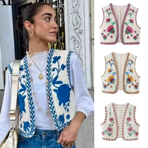 Women's Vintage Ethnic Floral Embroidery Vest Sleeveless Open Front Short Waistcoat Polyester Streetwear Jacket Top
