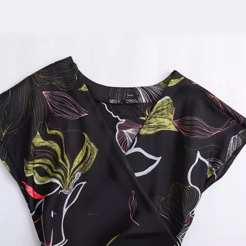 Women Elegant V Neck Long Sleeve Satin Floral Midi Dress Ruched A-Line Wrap Printed Summer Casual Party Dress