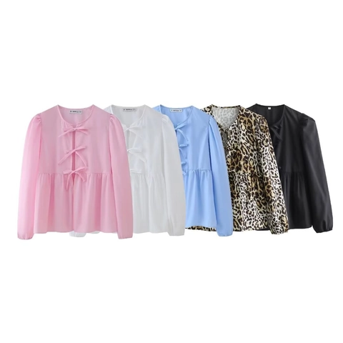 Blusa Elegante de Manga Larga para Mujer Lazo Delantero Dobladillo Peplum Top Babydoll Color Sólido Estampado de Leopardo