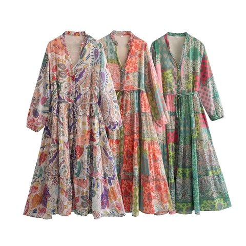 Böhmisches Paisley-Patchwork-Maxikleid Für Damen V-Ausschnitt Langarm Stufenrock Mit Goldfaden Kordelzug Taille