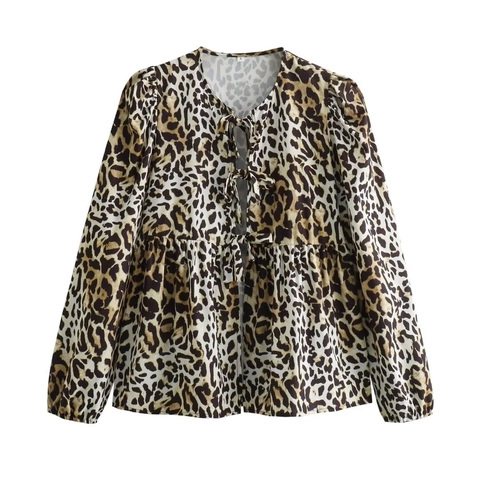 Blusa Elegante de Manga Larga para Mujer Lazo Delantero Dobladillo Peplum Top Babydoll Color Sólido Estampado de Leopardo