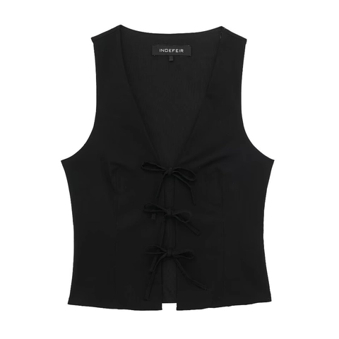 Canotta da Donna Sexy con Scollo a V Senza Maniche con Fiocco Elegante Slim Fit Tinta Unita Poliestere Gilet Corto Estivo