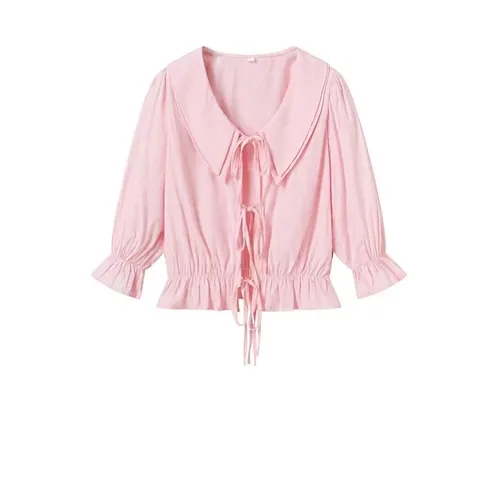 Camicetta da Donna Dolce a Righe Rosa Maniche a Sbuffo Collo a Doppio Strato Fiocco Frontale Orlo con Volant Camicia Estiva Casual