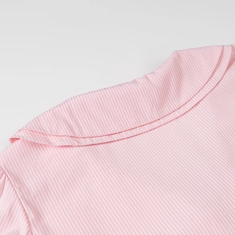 Camicetta da Donna Dolce a Righe Rosa Maniche a Sbuffo Collo a Doppio Strato Fiocco Frontale Orlo con Volant Camicia Estiva Casual