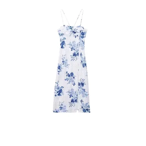Dames Bloemenprint Spaghetti Strap Maxi Jurk Zomer Blauw Wit Porseleinstijl Hoog Split A-Lijn Feest Lange Jurk