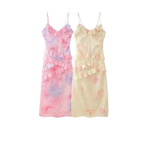 Robe d'Été à Fleurs pour Femmes Fines Bretelles Volants Col en V Jacquard de Dentelle Ligne A Robe Midi pour Vacances
