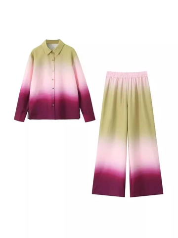 Women Casual Tie-Dye Gradient Polyester Long Sleeve Shirt And Wide Leg Pants Suit Elegant Fashion Summer Commute Outfit
