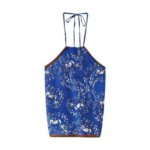 Top de Mujer Sexy con Estampado Floral al Cuello Bohemio sin Mangas Espalda Descubierta Verano Vacaciones Playa Poliéster