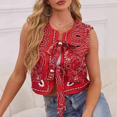Chaleco Corto para Mujer con Estampado Paisley Sin Mangas Lazada Frontal Boho Streetwear Moda Top Rojo de Poliéster