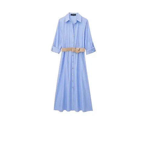 Women Casual Blue White Striped Shirt Dress With Braided Belt Single Breasted Polo Neck Midi Dress Summer Vacation Outfit