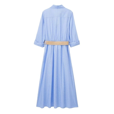 Women Casual Blue White Striped Shirt Dress With Braided Belt Single Breasted Polo Neck Midi Dress Summer Vacation Outfit