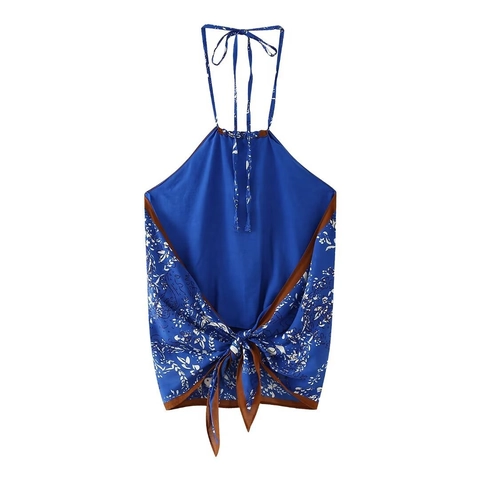 Top de Mujer Sexy con Estampado Floral al Cuello Bohemio sin Mangas Espalda Descubierta Verano Vacaciones Playa Poliéster