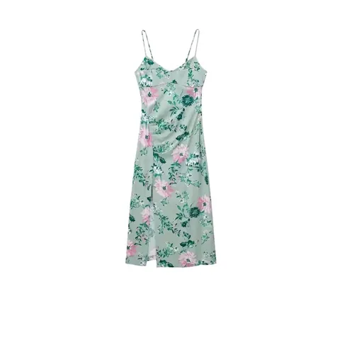 Dames Zomer Bloemen Linnenmix Midi Jurk V-hals Verstelbare Spaghettibandjes Hoge Split Strand Vakantie Mouwloze Jurk