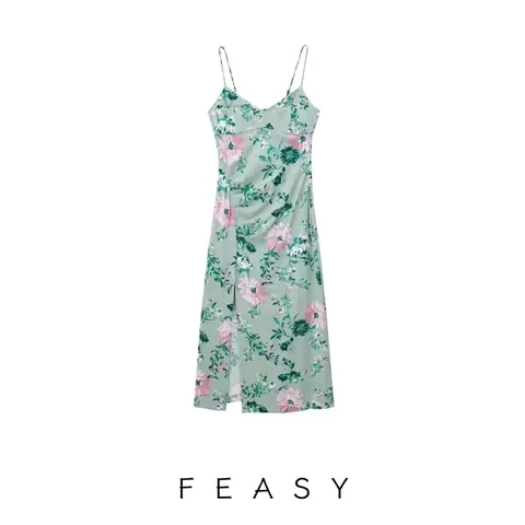 Robe Midi Fleurie en Mélange de Lin pour Femme Été Col en V Bretelles Réglables Fente Haute Plage Vacances Robe Sans Manches