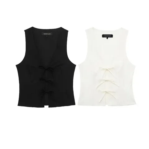 Canotta da Donna Sexy con Scollo a V Senza Maniche con Fiocco Elegante Slim Fit Tinta Unita Poliestere Gilet Corto Estivo