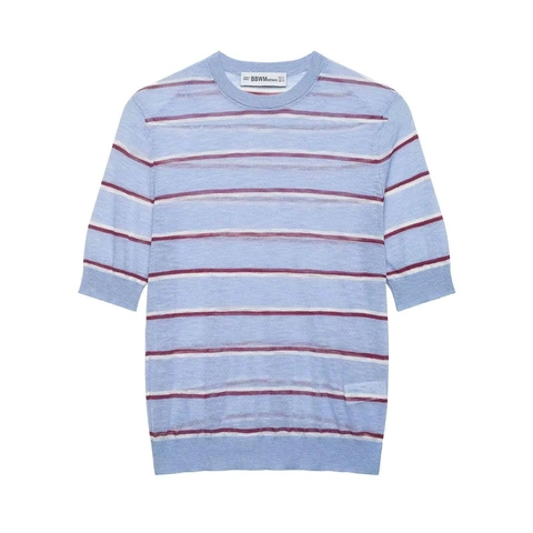Women's Striped Knitted Short Sleeve Top Casual Round Neck Light Blue Knit Shirt Elegant Summer Lightweight Tee Top