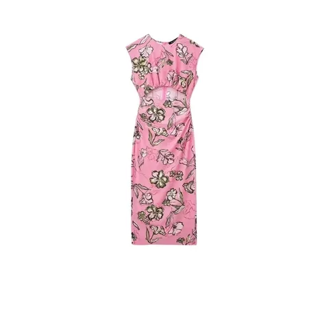 Damen Sommer Midi-Kleid Mit Blumendruck Rundhals Kurzarm Taillenausschnitt Seitlich Plissiert A-Linie Polyester-Mischung