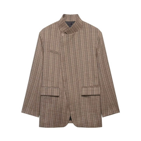 Women Vintage Plaid Blazer Stand Collar Asymmetric Single Breasted Jacket Slim Fit Retro Commuter Outerwear Suit Jacket