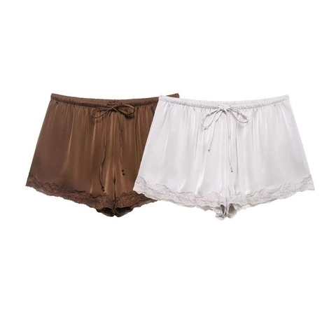Pantaloncini da Donna Eleganti in Raso Con Bordo in Pizzo Coulisse Regolabile Vita Elastica Estate Pantaloni da Casa