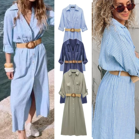 Women Linen Blend Shirt Dress Long Sleeve Button Down Maxi Dress With Woven Belt Elegant Striped Casual Vacation Dress