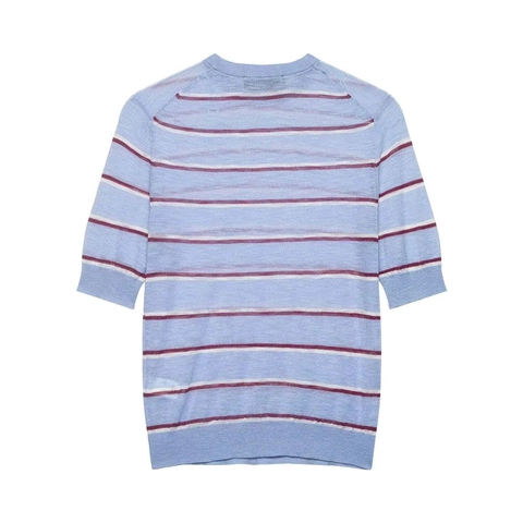 Women's Striped Knitted Short Sleeve Top Casual Round Neck Light Blue Knit Shirt Elegant Summer Lightweight Tee Top