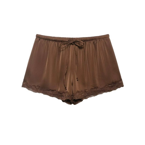 Pantaloncini da Donna Eleganti in Raso Con Bordo in Pizzo Coulisse Regolabile Vita Elastica Estate Pantaloni da Casa