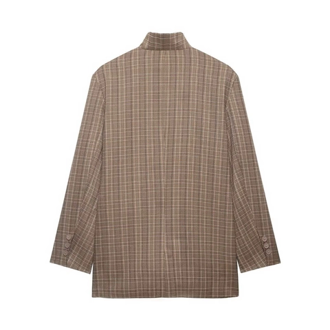 Women Vintage Plaid Blazer Stand Collar Asymmetric Single Breasted Jacket Slim Fit Retro Commuter Outerwear Suit Jacket
