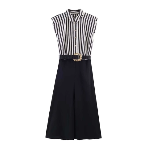 Women's Stripe Patchwork Sleeveless Midi Dress With Belt POLO Neck Single Breasted Slim Fit Summer Commuter Fashion Dress
